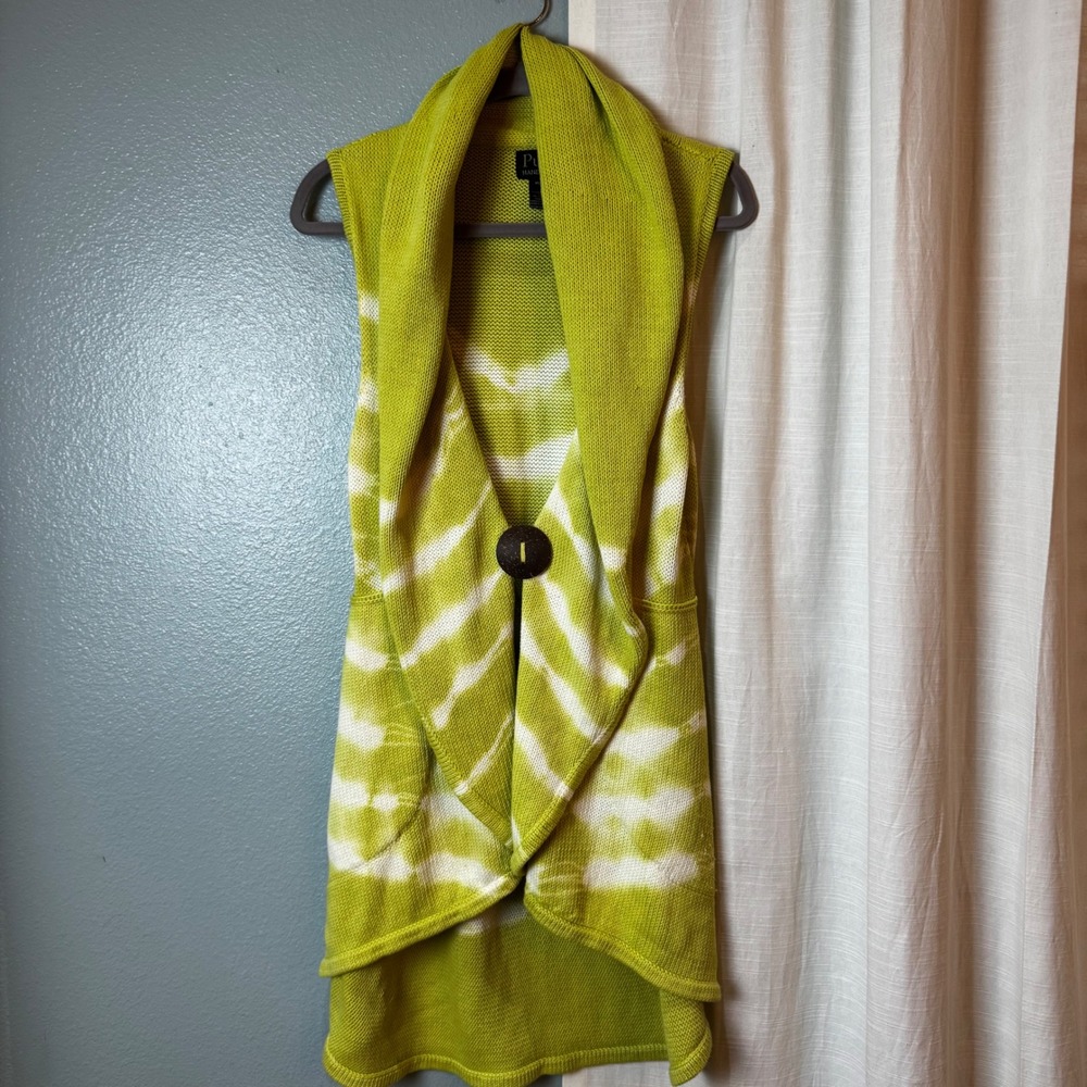 Pure Handknit Vest Womens M/L Lime Green Tie Dye Cotton Shawl Collar Button Boho